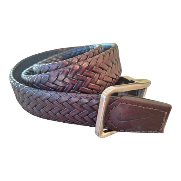 Nike Leather Belt Brown Woven Chevron Weave Braid Silver Buckle size Medium - Picture 1 of 11